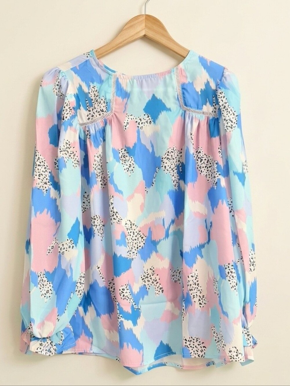 Abstract Colorful Long Sleeve Blouse XL Pastel Funky Print Boho Top - Picture 3 of 5